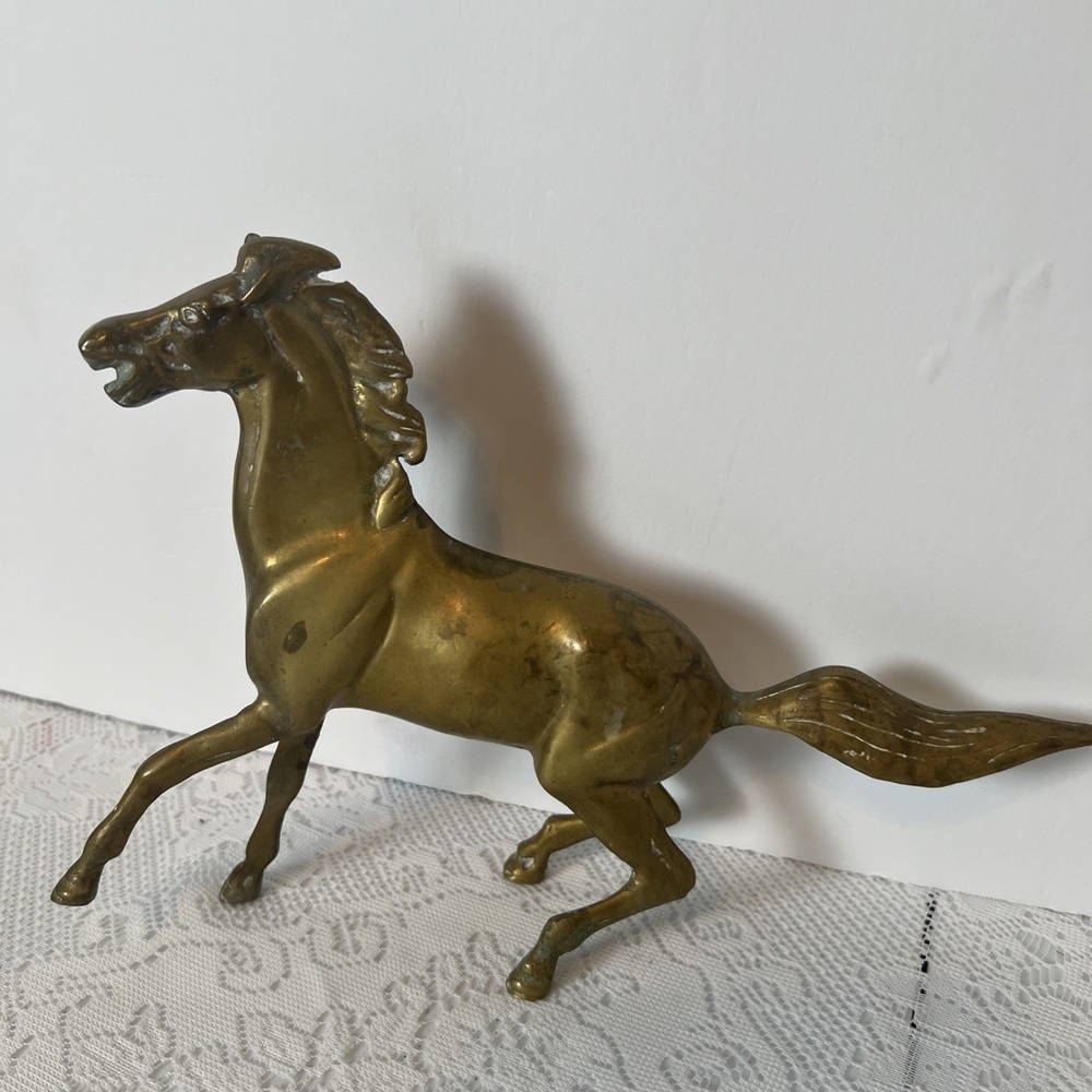 Vintage Solid Brass Horse Figurine Prancing Galloping Statue Mid Century Decor